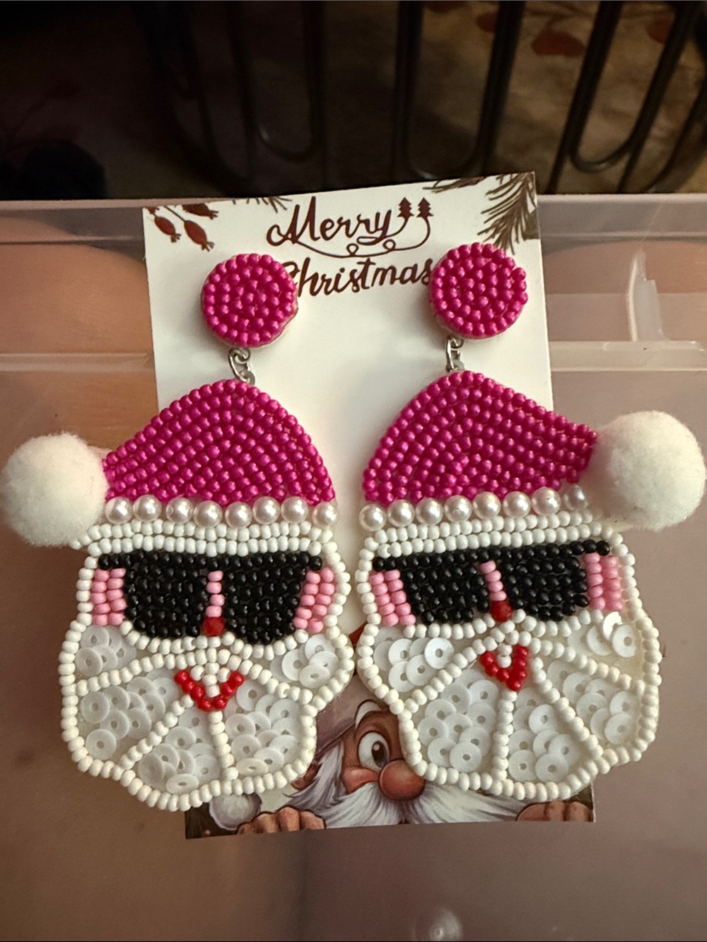 Women’s Pink Beaded Santa Earrings - Holiday Jewelry